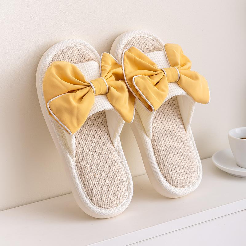 Butterfly knot linen slippers indoor cool slippers contrasting colors, simple fabric cotton linen slippers