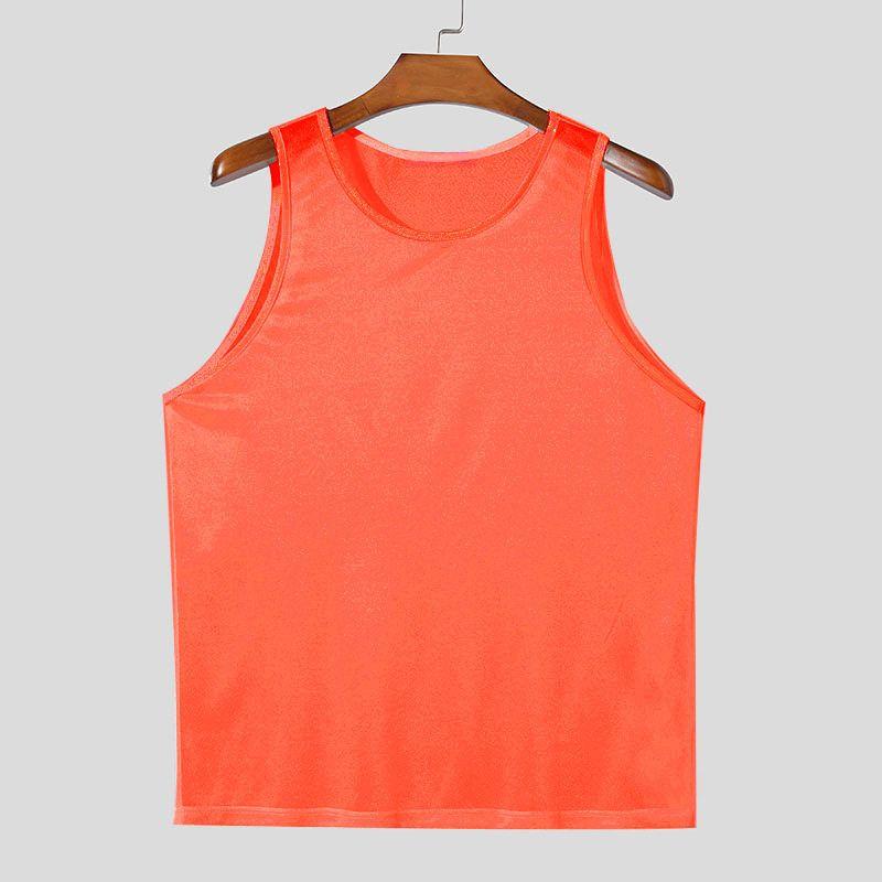 

2025 Cross-Border Summer European and American Men s Sports Solid Mesh Top Lightweight Sleeveless Slim fit Sexy Perspective Vest Orange L