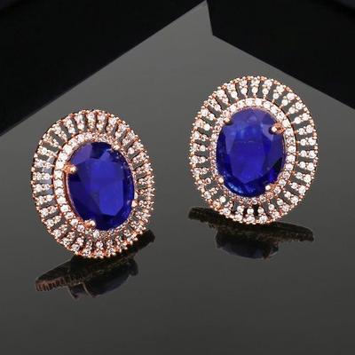 Rose Gold Plated Round Stud Earrings with CZ and Blue Stones for Women