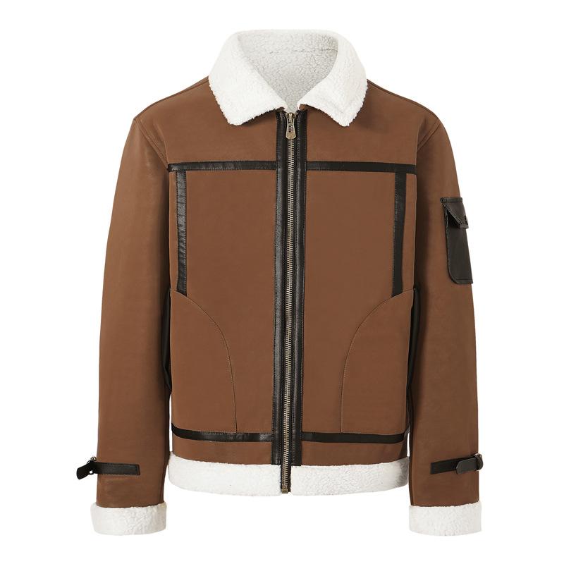 European and American Style Lapel-neck Fleece Leather Jacket, Men's Fur Integrated Large-size Leather Jacket