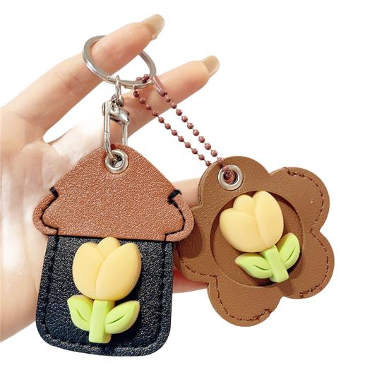 2Pcs Elegant Tulip Key Holder Faux Leather House Shape Keychain