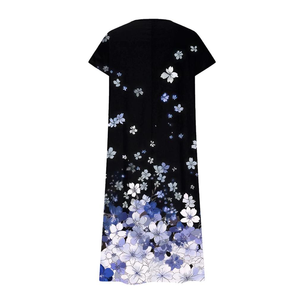 Fashion Women's Summer V-neck Short Sleeve Cotton And Linen Vintage Floral Print Beach Dress