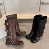 2025 New Big Tube Circumference Western Cowboy Boots Women's Belt Buckle But Knee Middle Tube Knight Boots Slim Fat Boots