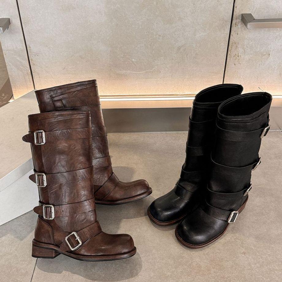 2025 new big tube circumference western cowboy boots women's belt buckle but knee middle tube knight boots slim fat boots