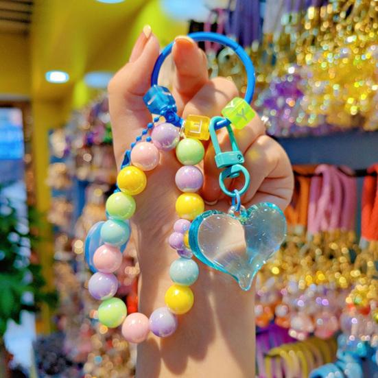 Beaded Keychain Highly Saturated Macaron Color Beads Key Chain with Transparent Colorful Heart Pendants Portable Anti-Lost Mobile Phone Chain Bag