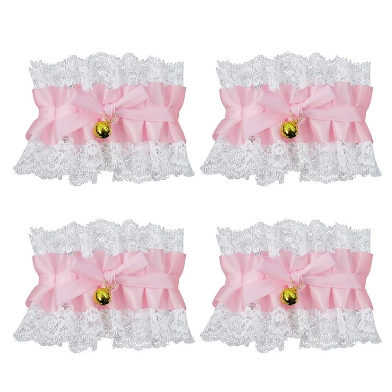 4Pcs Delicate Lace Trimmed Bows Charm Bracelet With Bells Decoration Anklet Gift for Halloween Prom Masquerades