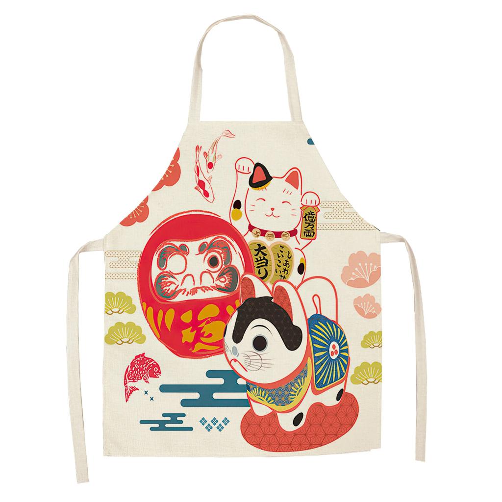 Cotton and Linen Apron Japanese Cartoon Lucky Cat Cooking Sleeveless Bib Waterproof Anti-greasy Kitchen Supplies Chef Apron