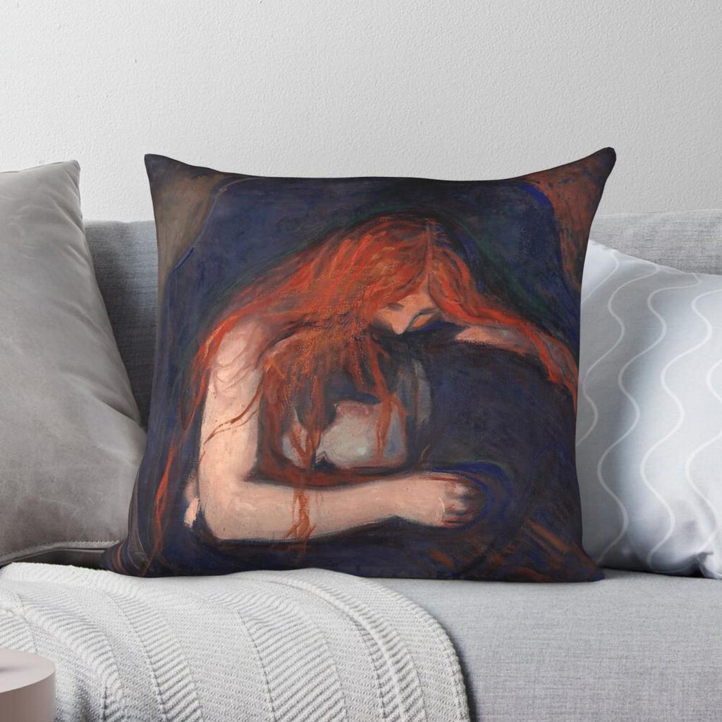 Edvard Munch Liebe Und Schmerz Vampir Quadratische Kissenhülle Polyester Leinen Samt Muster Reißverschluss Dekorative Kissenhülle für das Zimmer 18"