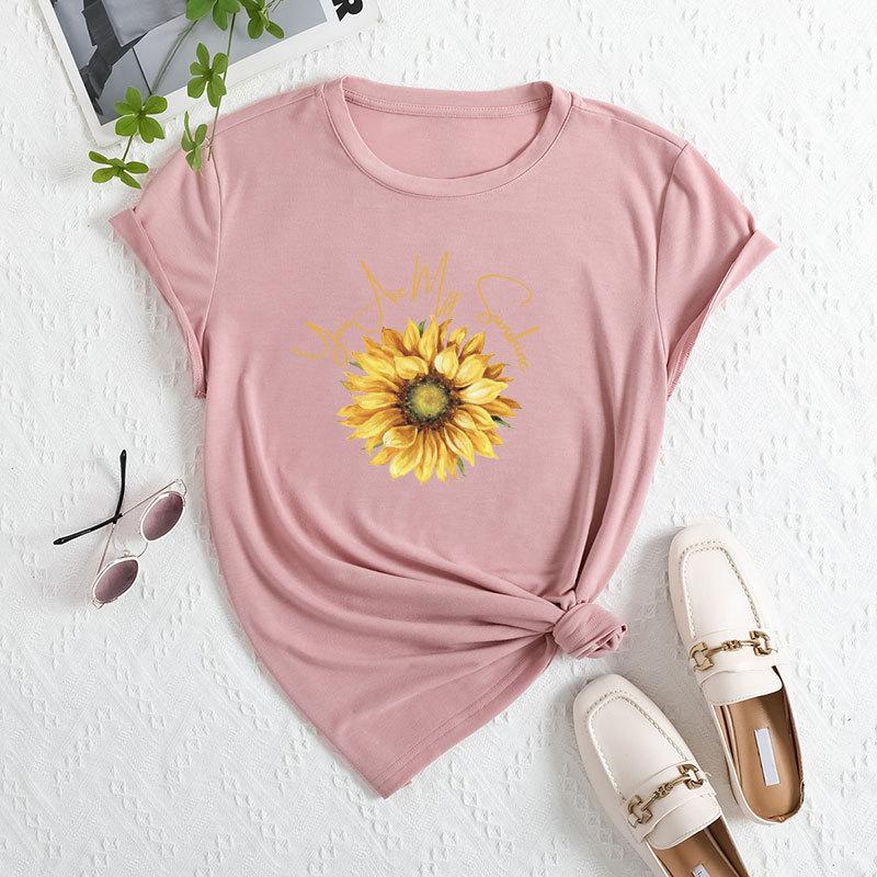 Summer Women's Fashionable Sunflower Print Short Sleeved Casual Loose Cotton Round Neck Top