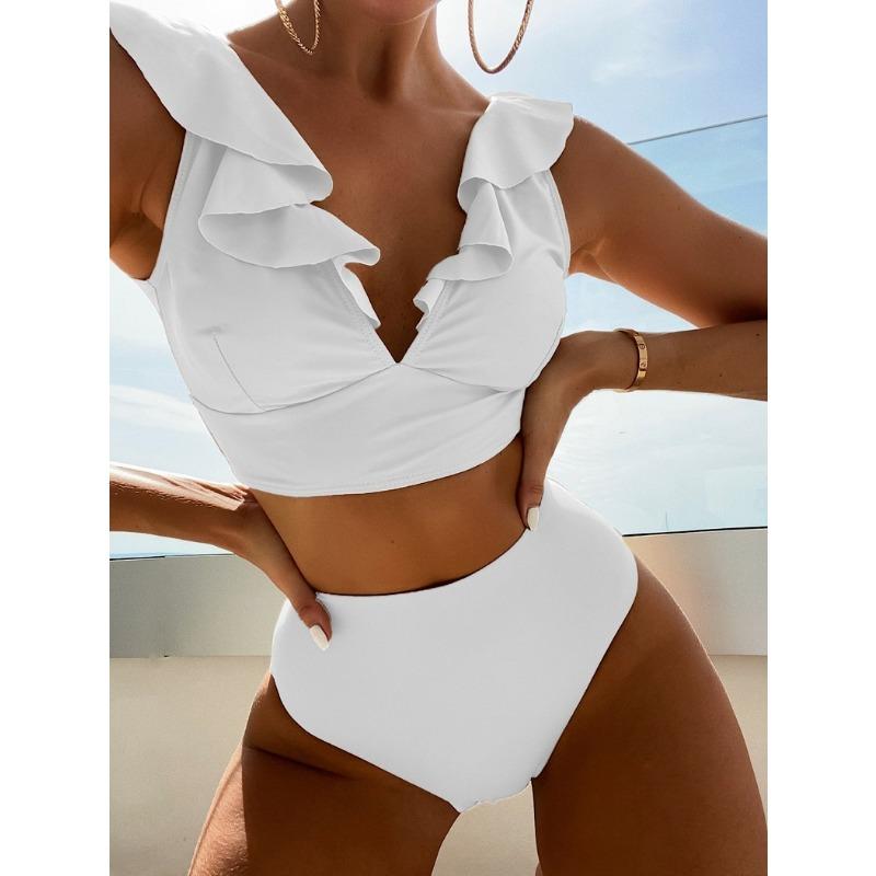 Women Bikini 2 Pieces Solid Color Ruffles Sexy High Waist Bathing Suit Beach Swimwear Female Summer Swimsuit