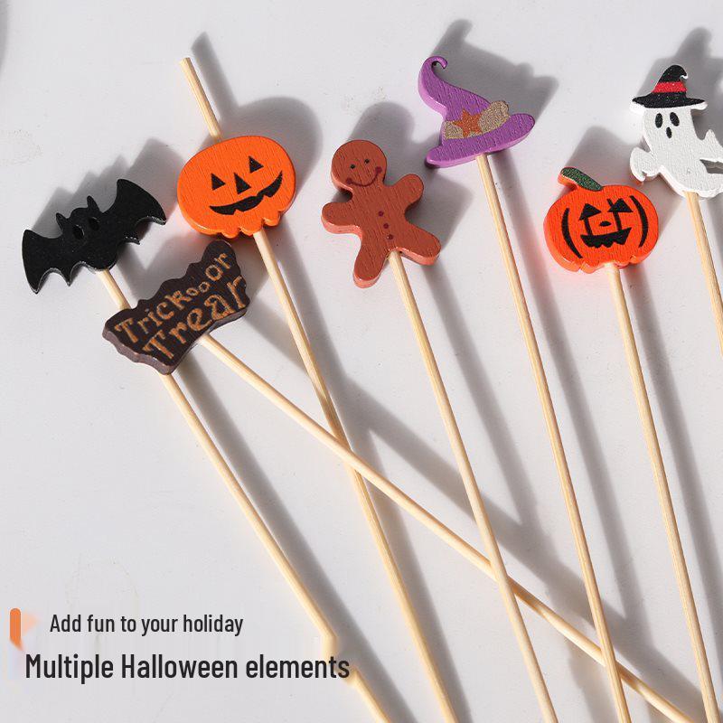 Halloweenowe Dekoracyjne Dyniowe Główki - Wykałaczki Koktajlowe - Jednorazowe Patyczki Owocowe i Kwiatowe do KTV i Festiwali