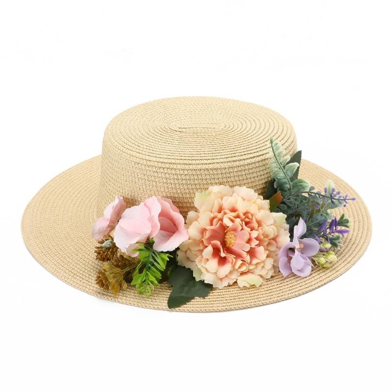 

Летняя панама женская плетеная шляпа с цветком отпускной козырек солнцезащитная шляпа M（56-58cm） бежевый