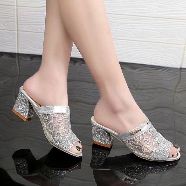 Foreign trade mesh rotund sandals women's 2020 summer new fish mouth middle heel sequins casual large size high heel sandals