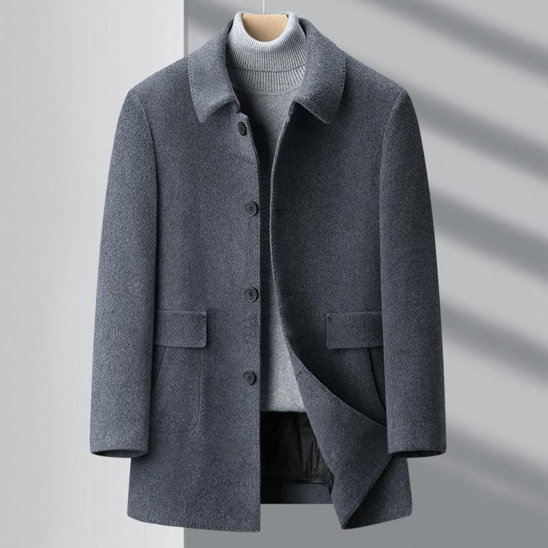 

Высококачественное двухстороннее кашемировое пальто зимнее средней длины деловое мужское шерстяное пальто на пуху на пуговицах для среднего возраста 195
