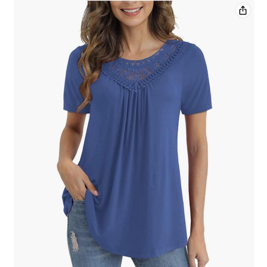 Short Sleeve Lace Hallow Out Patchwork Pleated A Line Casual T Shirt for Summer Women Plus Size Top