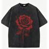 Gothic Grunge Rose Gewaschenes Schwarzes T-Shirt Bluttropfend und Dornenherz Florale Prints für Ausgefallene Streetwear Y2k Oberteil
