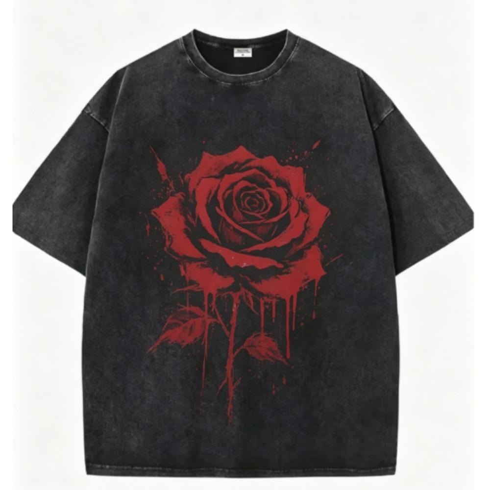 Gothic Grunge Rose Gewaschenes Schwarzes T-Shirt Bluttropfend und Dornenherz Florale Prints für Ausgefallene Streetwear Y2k Oberteil