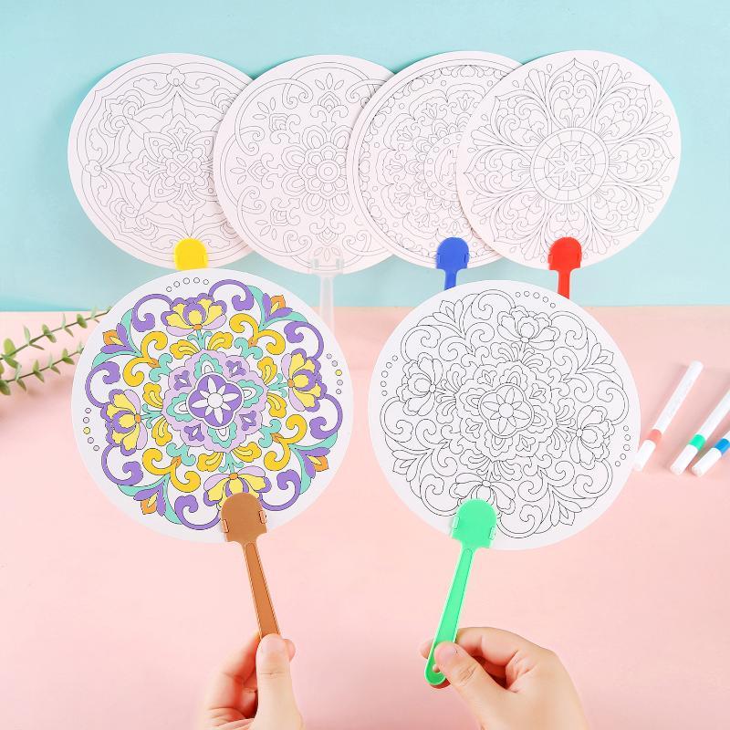 10 Pcs Blank Floral Pattern DIY Coloring Craft Round Paper Fans Hand Painting for Kids School Art Projects Birthday Party Favors