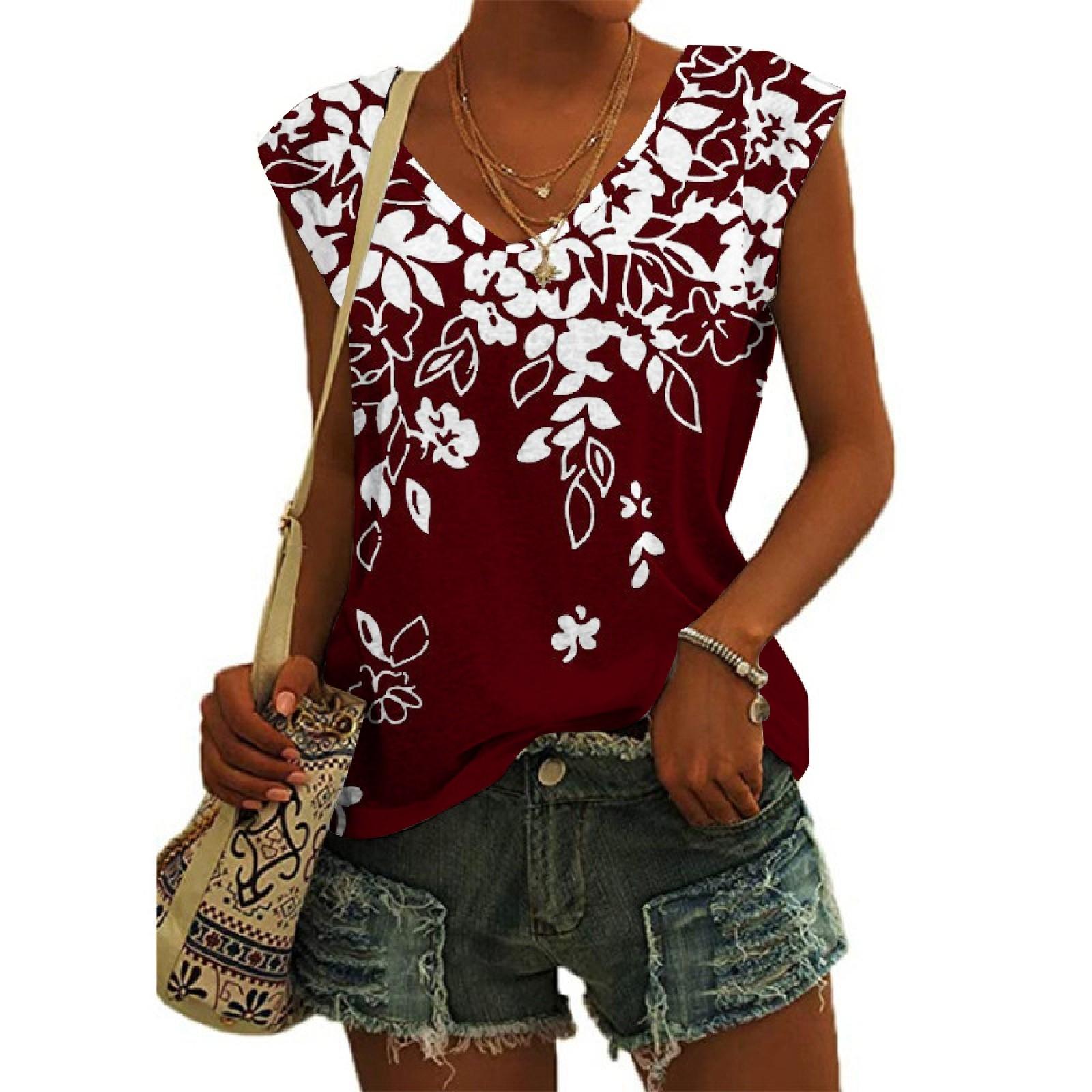 

Жіночий повсякденний верхній вільний пуловер з принтом і V-подібним вирізом, футболка з короткими рукавами XL винний