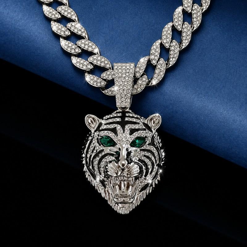 Hip Hop Style Alloy Tiger Pendant With Green Gemstone Eyes Rhinestone Accents Men