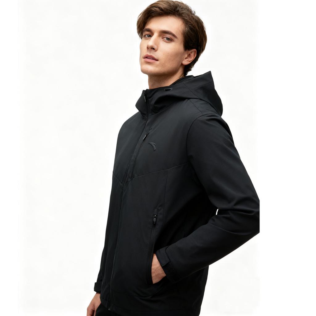 Anta Three-In-One Warm Water-Resistant Solid Color Hooded Zipper Soft Shell Jacket Men Jackets Basic-Black 452540210-1
