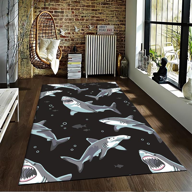 Teppich mit Haifischmuster und Meeresmotiv auf schwarzem Hintergrund, geeignet als rutschfester Überzug für Wohnzimmer, Schlafzimmer, Sofas