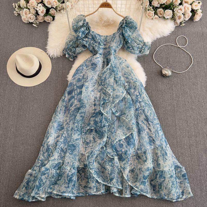 

Summer 2024 Blue and White Porcelain Printed Puff Sleeves Vacation Beach Dress Square-Neck Cinched Classy Super Fairy Pettiskirt Blue S