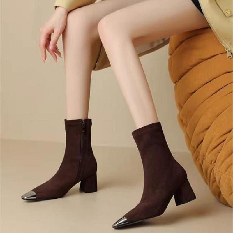 Fashion Spring Autumn Pointed Toe Elastic Slim Women Short Boots Fashion Thick Heels Shoes Mordern Botas Zapatos De Mujer