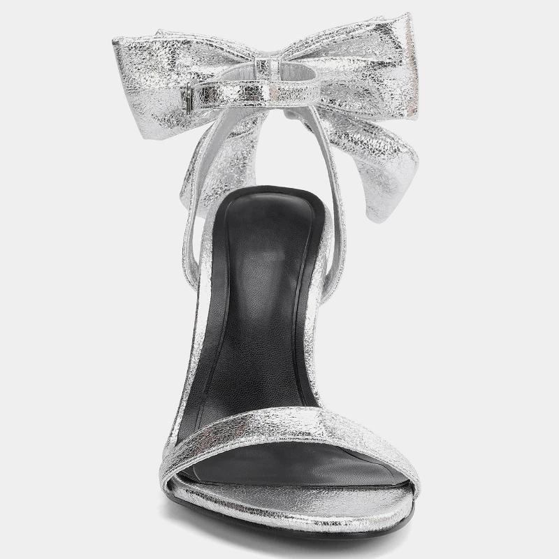 Fashion Silver Bow Decoration Brand High Heel Sandal Women Fashion Ankle Strap Buckle Designer Heels Elegant Banquet Bridal Evening Shoe