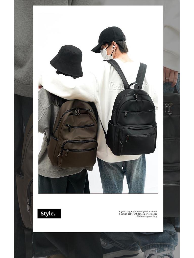 High-End Casual Waterproof Nylon Backpack: Fashionable, Lightweight Travel Bag for Men & Women, with Shoulder Straps & Laptop Compartment.