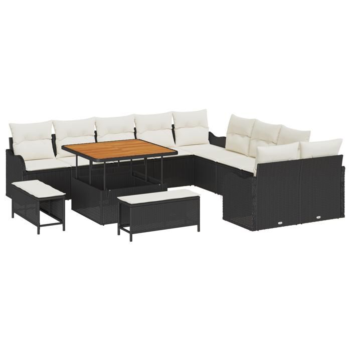 Ensemble de canapés de jardin 13 pièces avec coussins en poly rattan noir, Canapé de jardin 2 places avec coussins en poly 3362315