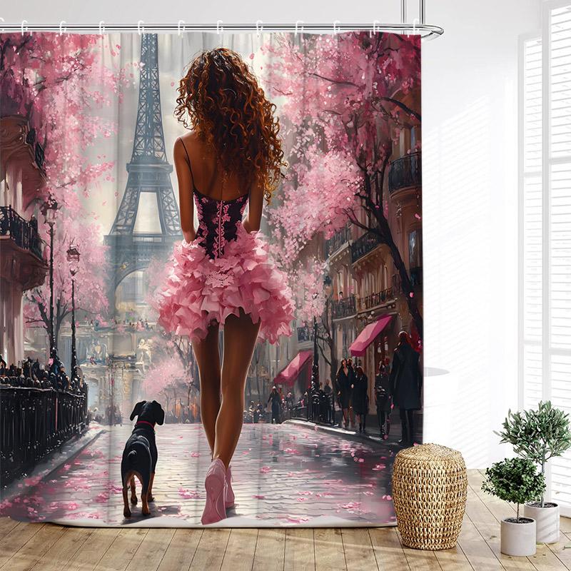 Vintage Paris Tower Shower Curtains Pink Butterfly Balloon Love Heart Floral Valentine'S Day Bathroom Curtain Decor With Hooks