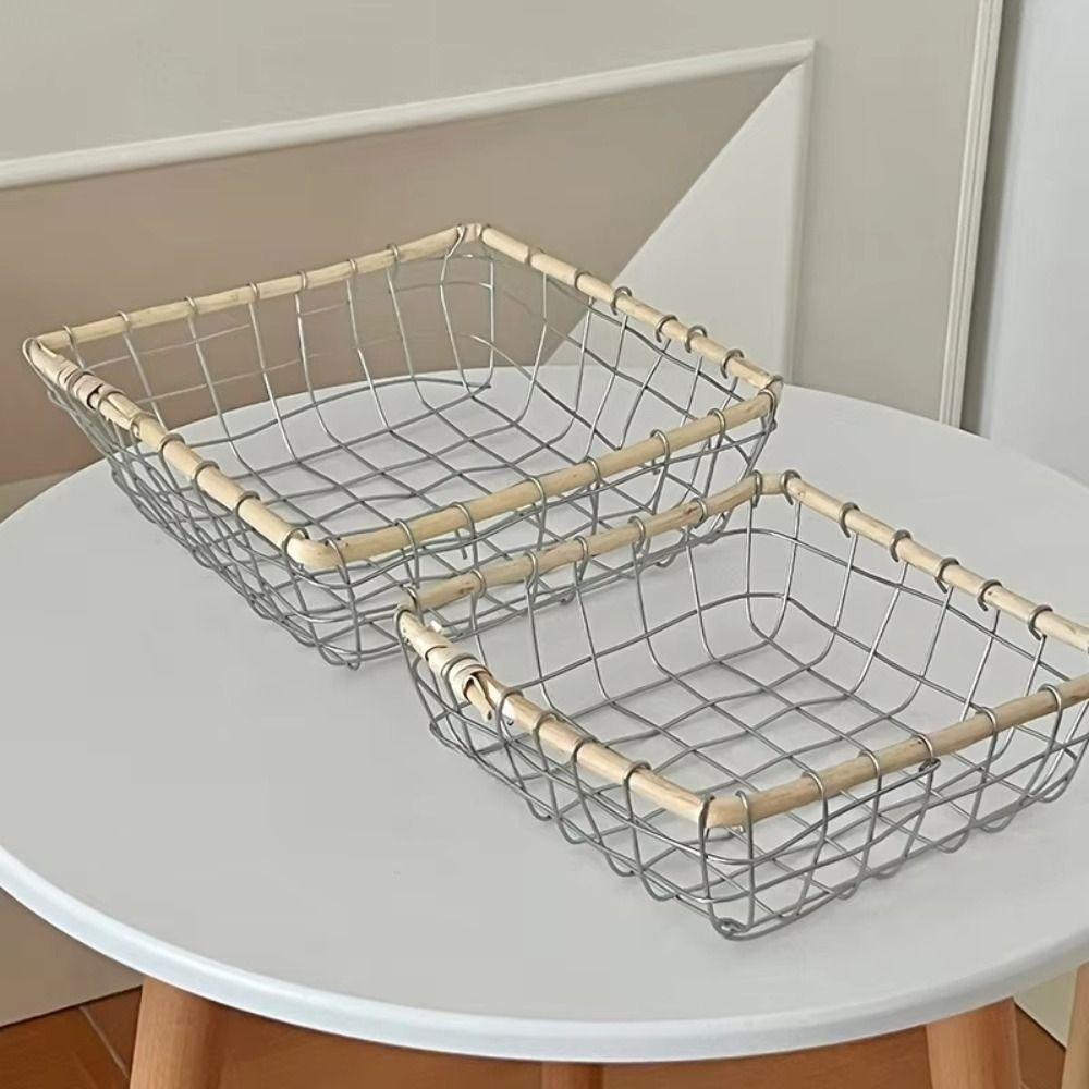 Chic Design Woven Iron Storage Basket Square Metal Construction Organizer Basket Casual Chic Art Design Food Basket Kitchen Use