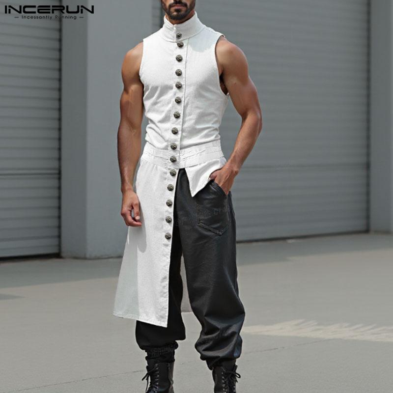 INCERUN Men Stand Neck Sleeveless Buttons Side Splits Irregular Tank Tops