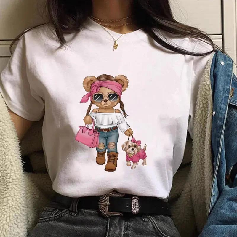 Summer Round Neck Fashionable Bear Printed Top Casual Pure Cotton Short Sleeved Women's T-shirts