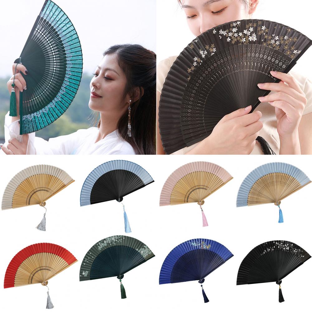 Women Folding Fan Chinese Style Dancing Fan Tassels Bamboo Carving Handle Handheld Performance Fan Photo Prop Abanico De Mano