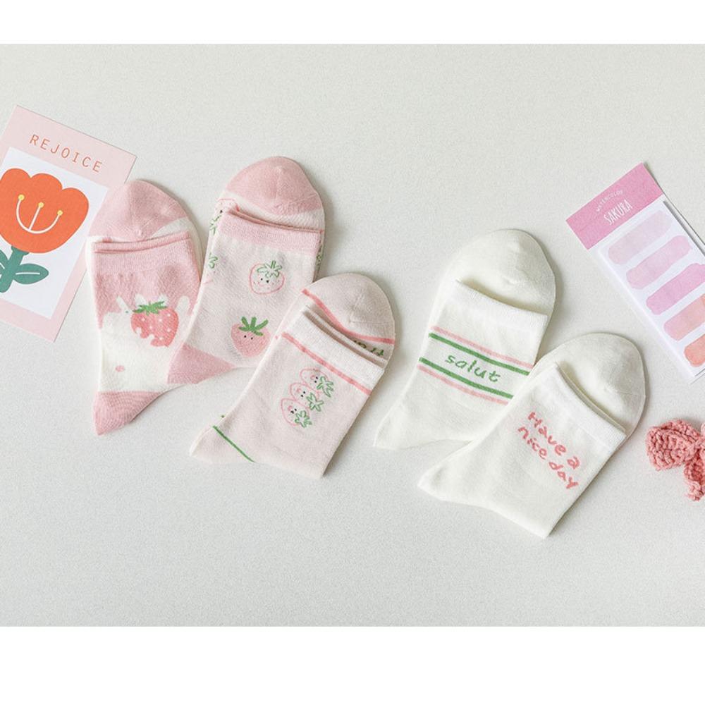 

Breathable Women Cotton Socks Strawberry Milk Pattern Middle Tube Socks Sports Socks D