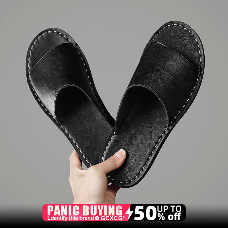 

Summer men s slippers, women s flat bottomed beach breathable genuine leather business casual non slip lightweight sandals 48 чорний