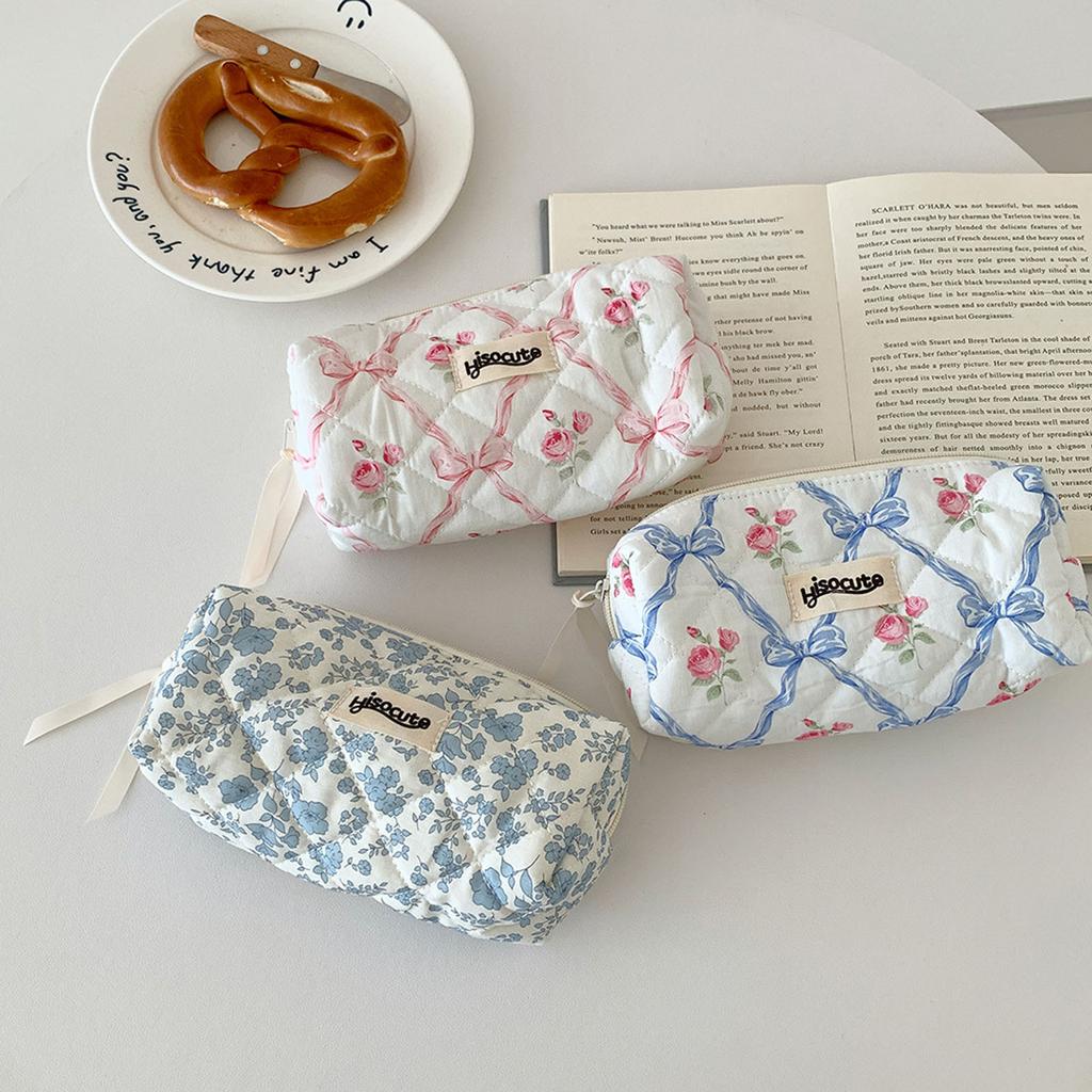 Large Capacity Pencil Case Floral Print Pen Bag Bows Pencil Bag School Supplies For Students