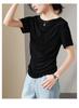One collar vinegar fiber short sleeved T-shirt for women in 2026 summer, versatile and slimming, pleated waist cinching top