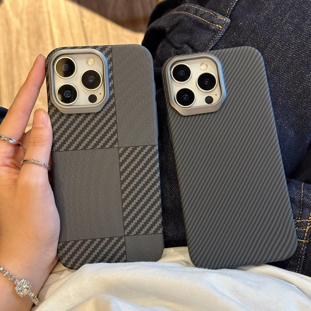 Carbon Fiber Kevlar Texture Phone Case For iPhone 17 Air 16 15 14 Plus 13 12 Pro Max 16E Metal Camera Frame Hard Plastic Cover