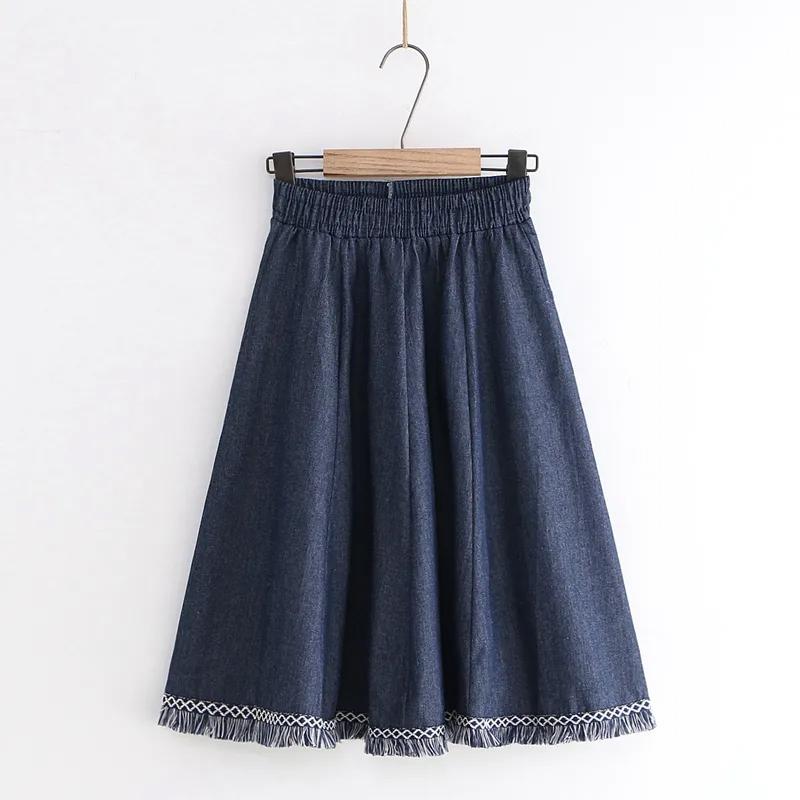 

Летняя корейская мода сексуальная кисточка строчка А-образный разрез, чтобы показать тонкую высокую талию джинсовая юбка средней длины One Size темно-синий