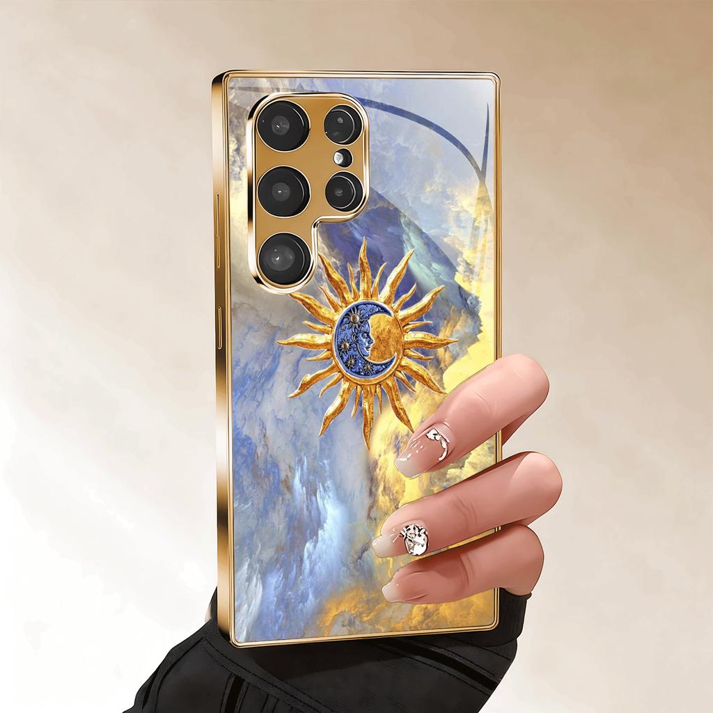 Gold-plated Tempered Glass Phone Case Compatible Galaxy S26 S25 S24 S23 S22 Ultra Plus. Features a Corona Cloud Design.