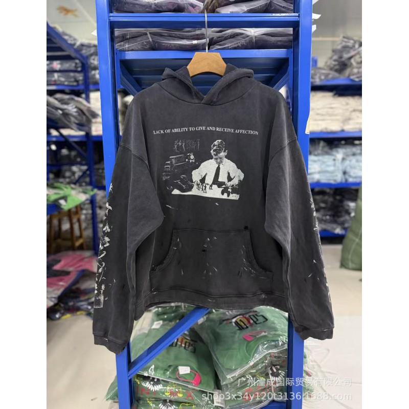 Unisex Distressed Washed Cotton Hoodie With Graphic Print Loose Fit Streetwear Sweatshirt Men Women