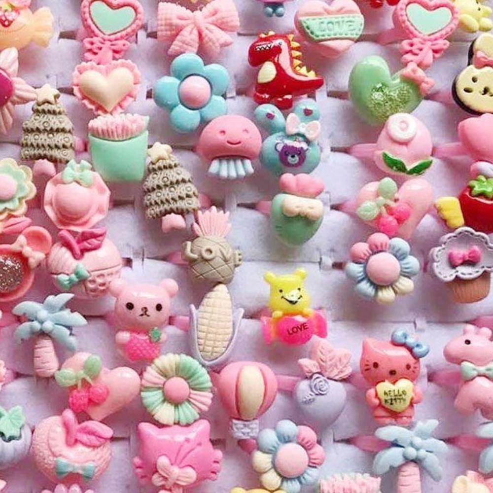 10pcs/Lot Cute Children's Cartoon Rings Glitter Flower Fruit Shape Plastic Adjustable Ope Excluding boxes