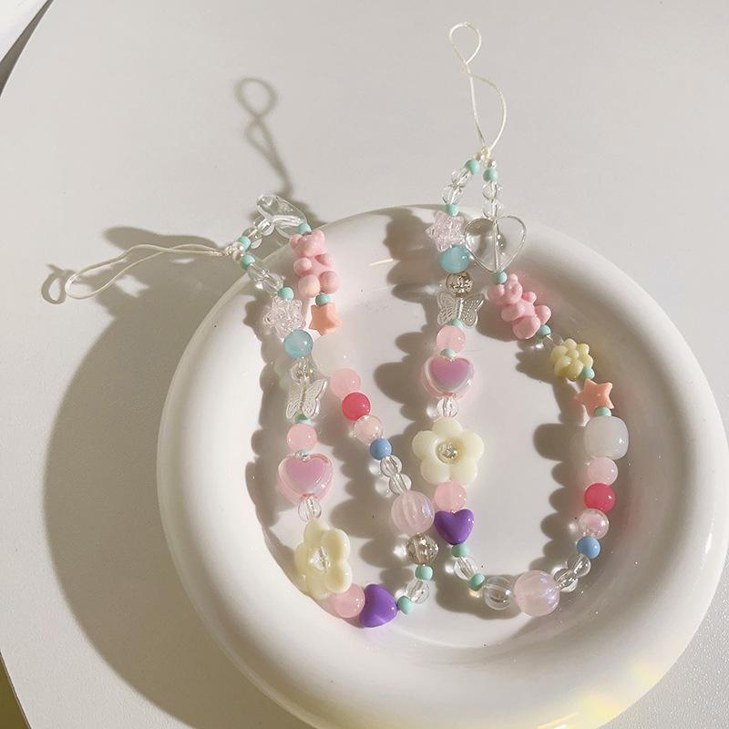 Korea Cute 3D Flower Bear Phone Lanyard For iPhone 15 Samsung Strap Girl Chain Pendant Candy Rope Jewelry Hanging Keychain Charm