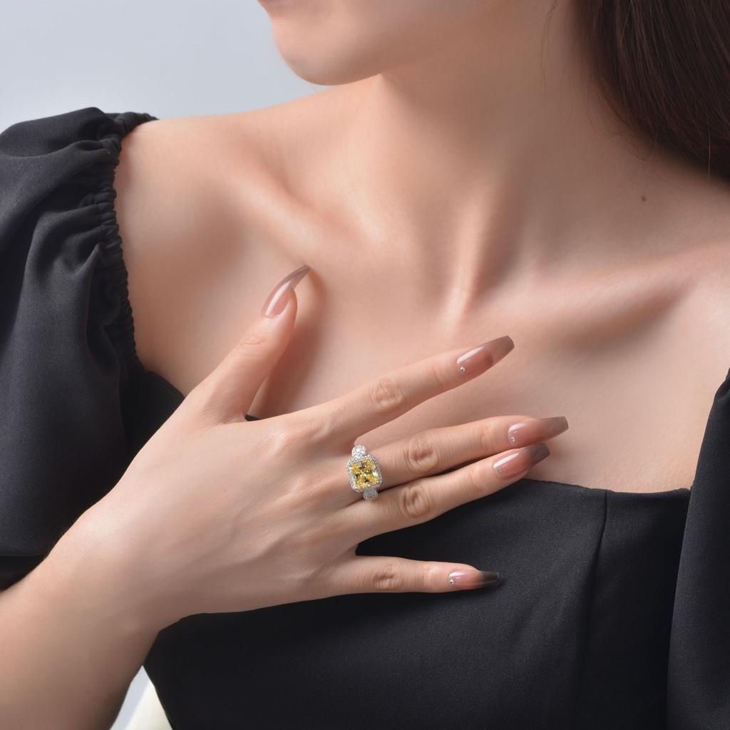 Tancise Jewelry Yellow 10 * 10 Zircon Surround Ring Fashion Personality 925 Silver Women's Ring