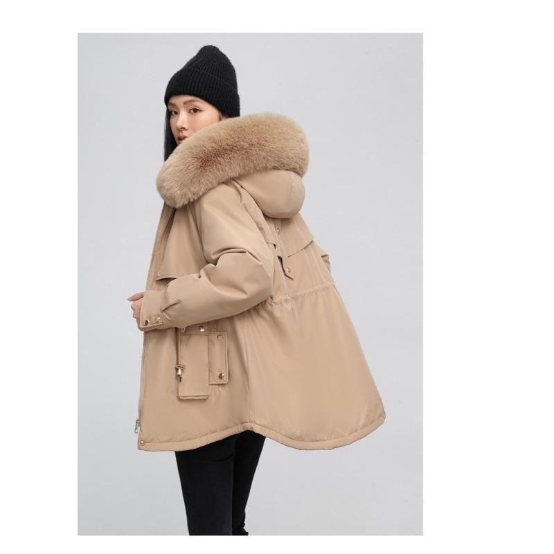 Veste d'hiver pour femme à col en fourrure, à capuche, coupe-vent, légère, épaisse, chaude, mi-longue, décontractée, sportive, parka, veste en coton