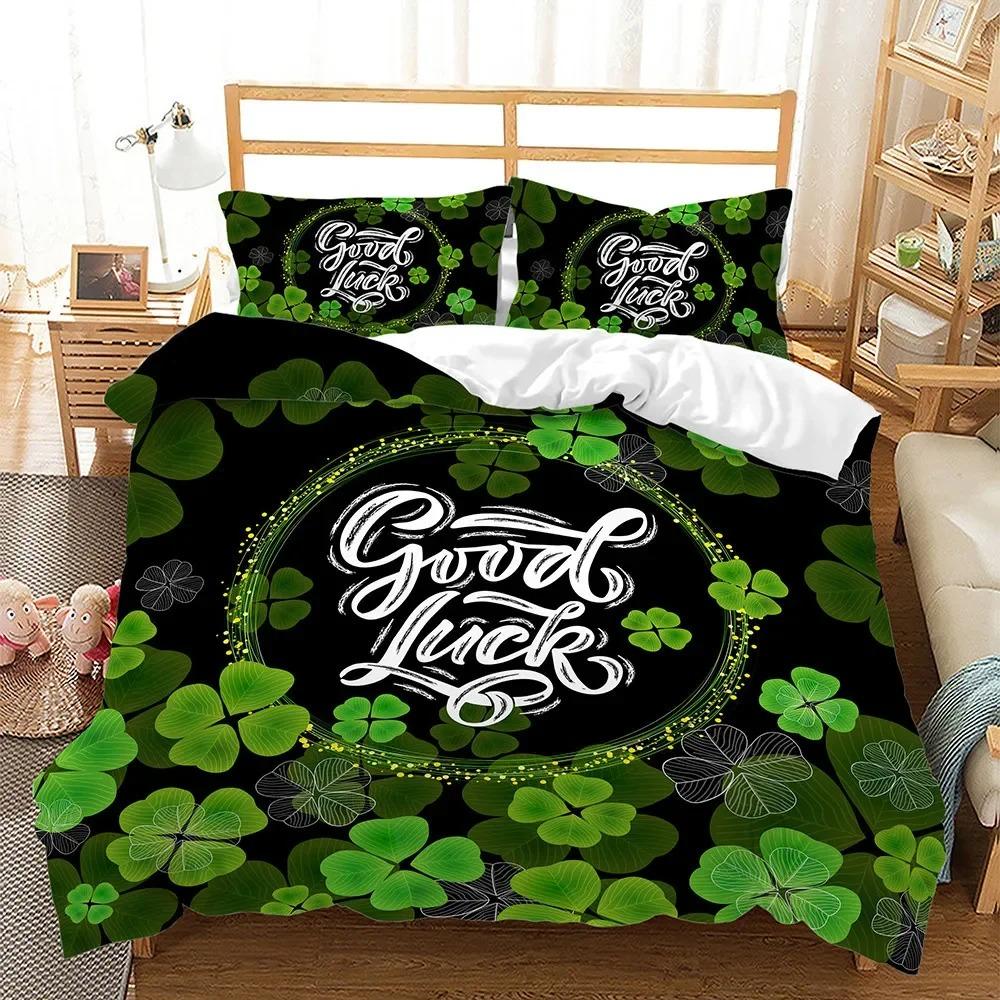 Lucky Green Leaves Duvet Cover King Queen Size Four Leaf Shamrock Clover Irish Culture Bedding Set Soft Polyester