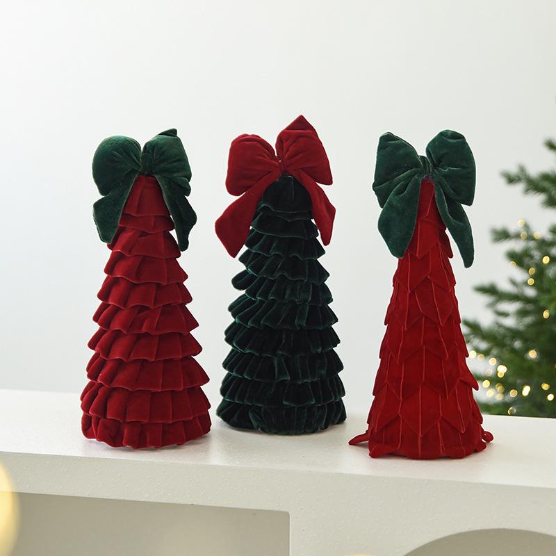 Velvet Layered Christmas Tree Ornament with Red and Green Bow for Festive Decoration